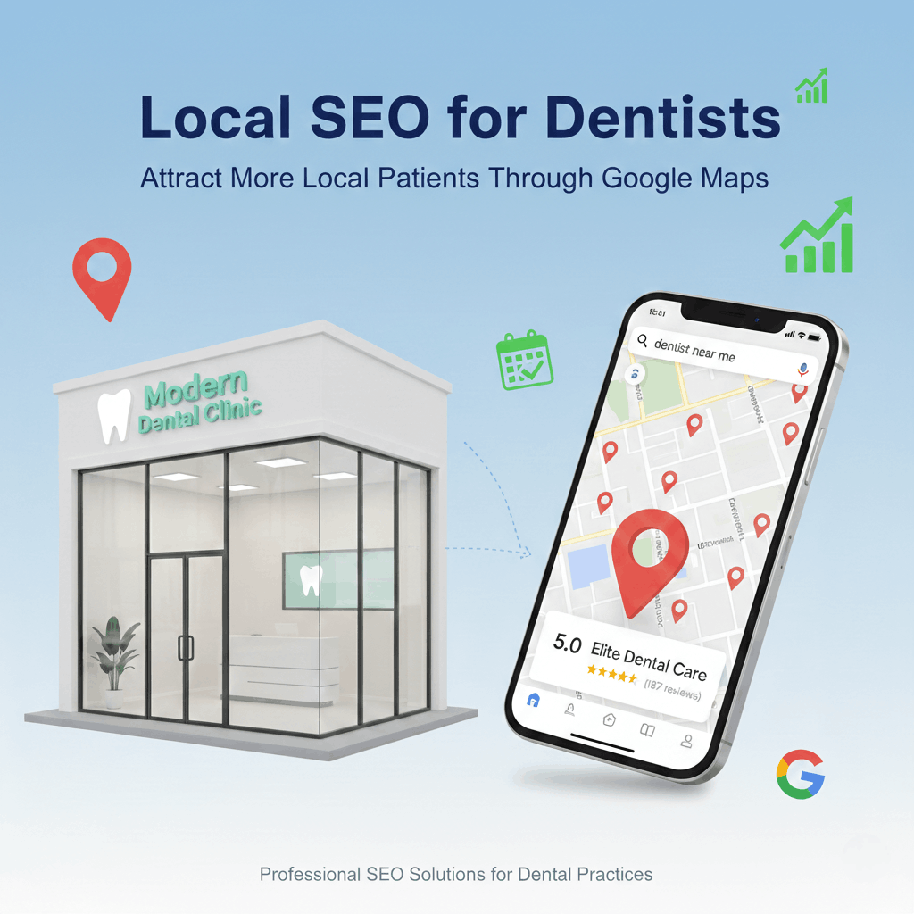 Professional dental clinic visible on Google Maps with Local SEO for Dentists, attracting more nearby patients and improving clinic bookings.